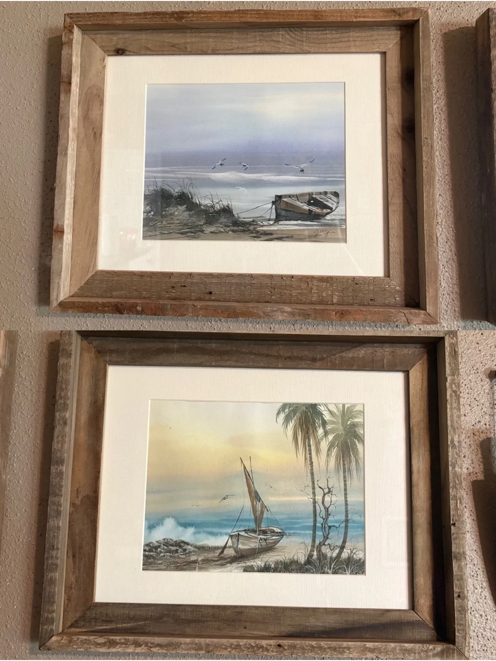 Coastal Boat Artwork Pair in Rustic Wood Frames - Blue, Tan, Cream
